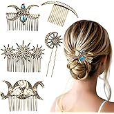 5 pieces Vintage Hair Side Combs for Women Decorative,The moon, the crescent, the stars Metal Hair Comb Tooth Clip with Teeth Grip Crystal Bridal Hair Piece Pins for Wedding Accessories