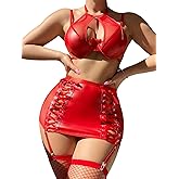 Foxiny Sexy Cutout Halter Underwire Leather Mesh Sheer Mini Skirt Stocking Lingerie Set 4 Piece Outfits