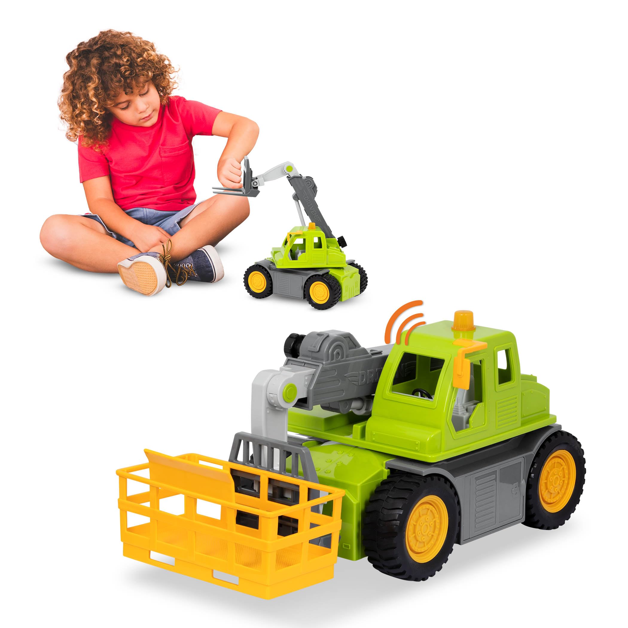 Driven by Battat – Large 17-Inch Toy Telehandler with Basket & Stabilizers – 1:16 Scale (Approx. 17-Inches Long) Construction Lift Vehicle with Extendable Boom, Lights & Sounds – Toy for 3+ Years