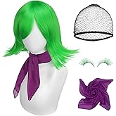 GHGMAO Green Wigs for Women, Short Green bob Wigs Disgust Cosplay Wig Anime Synthetic Hair for Halloween Costume Party (1 Purple Chiffon Scarf+ 2 False Eyelashes+ 1 Hair Cap)