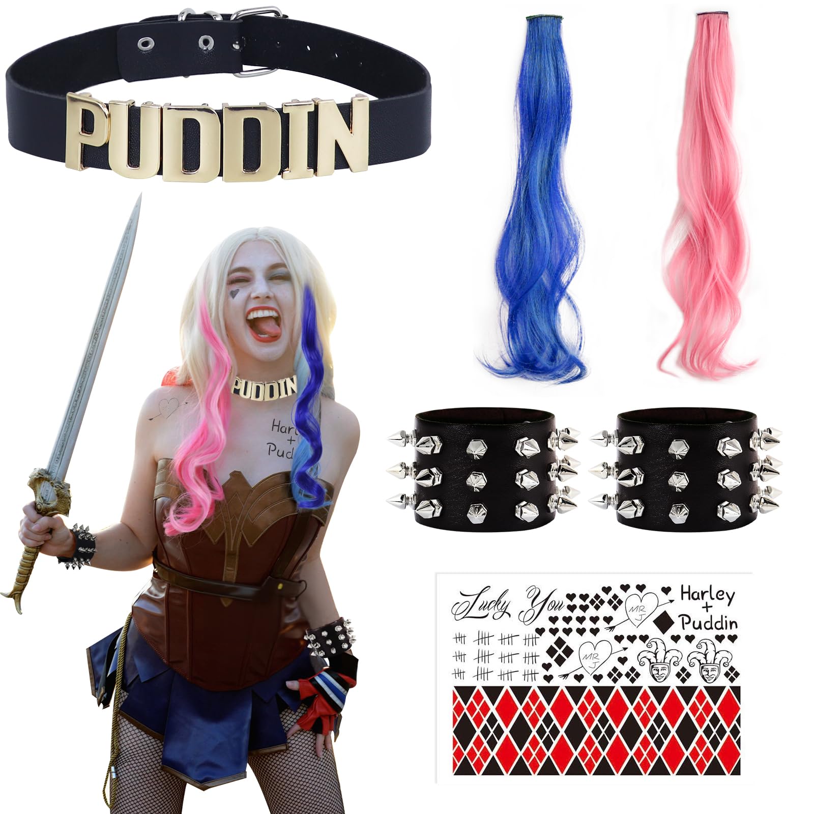 Oerphh 6pcs Women Villain Costume Accessories Set, Harley Cosplay with Tattoo Wristband Collar Hair Extension, Womens Fancy Dress Costumes for Cosplay Halloween World Book Day