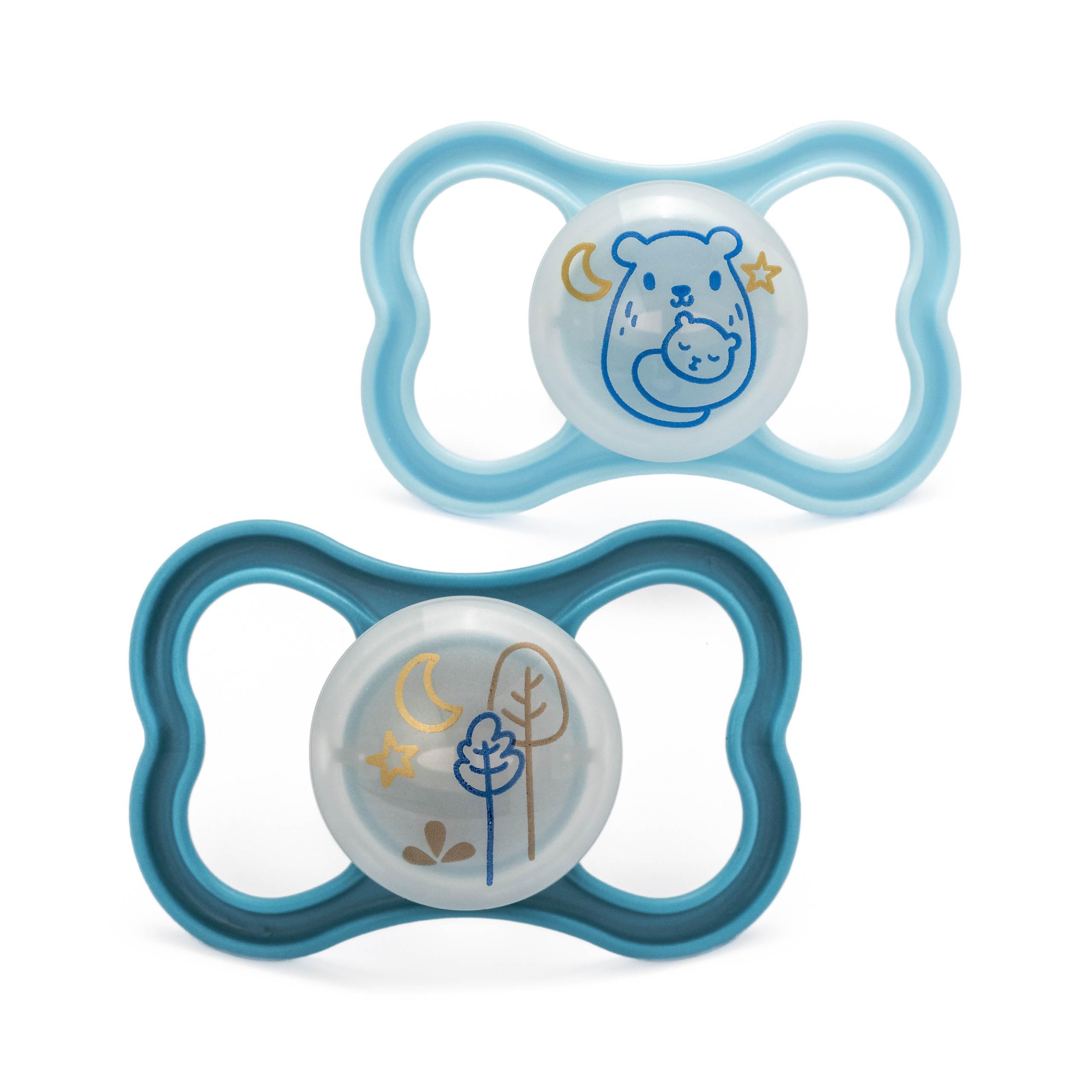 MAM Rubber Air Night Soothers | 18-36 Months | Glow in The Dark Dummies | Comes in Dummy Steriliser Case | Baby Accessories | Blue (Various Designs)