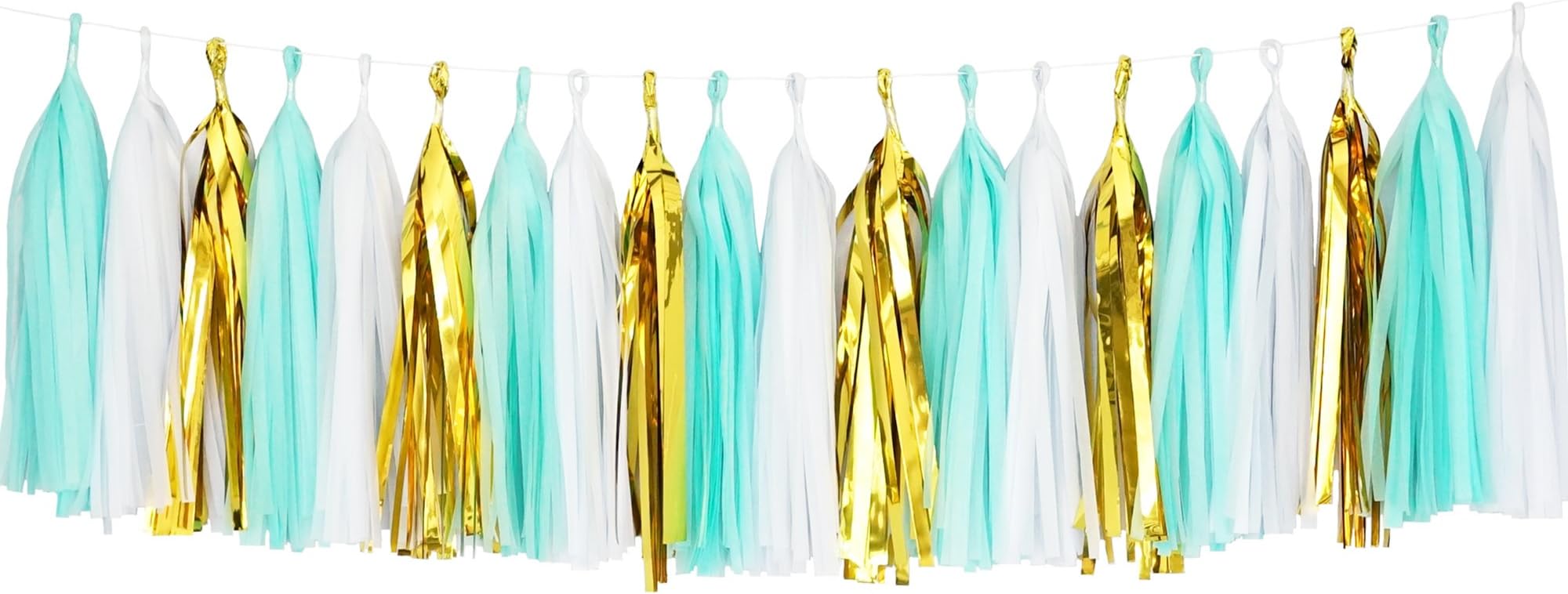 Tissue Paper Tassel DIY Party Garland Decor for All Events & Occasions - 20 Tassels Per Package (White-Mint-Gold Mylar)