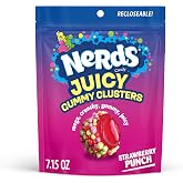 NERDS Juicy Gummy Clusters Strawberry Punch Candy, Stand-Up Bag, 7.15 oz | Triple-texture crunchy gummy juicy, strawberry punch flavor, resealable stand-up bag, sharing, party, game night