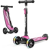 Besrey Kick Scooter for Kids Ages 3-10, 3-Wheel Folding Scooter with Adjustable Height, LED Light Wheels, Extra Wide Deck for Outdoor Activities