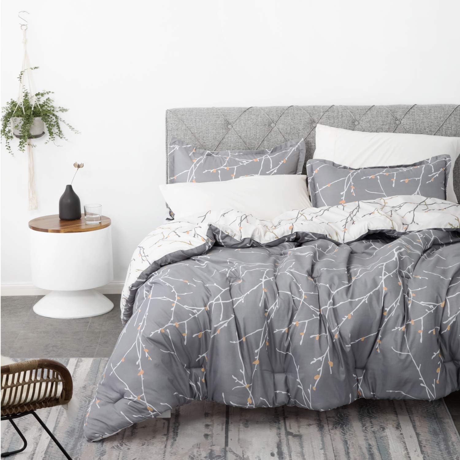 Bedsure Comforter Set King Size, Reversible Down Alternative Comforter Microfiber Duvet Sets (1 Comforter + 2 Pillow Shams), Tree Branch Floral, Grey&Ivory: Home & Kitchen