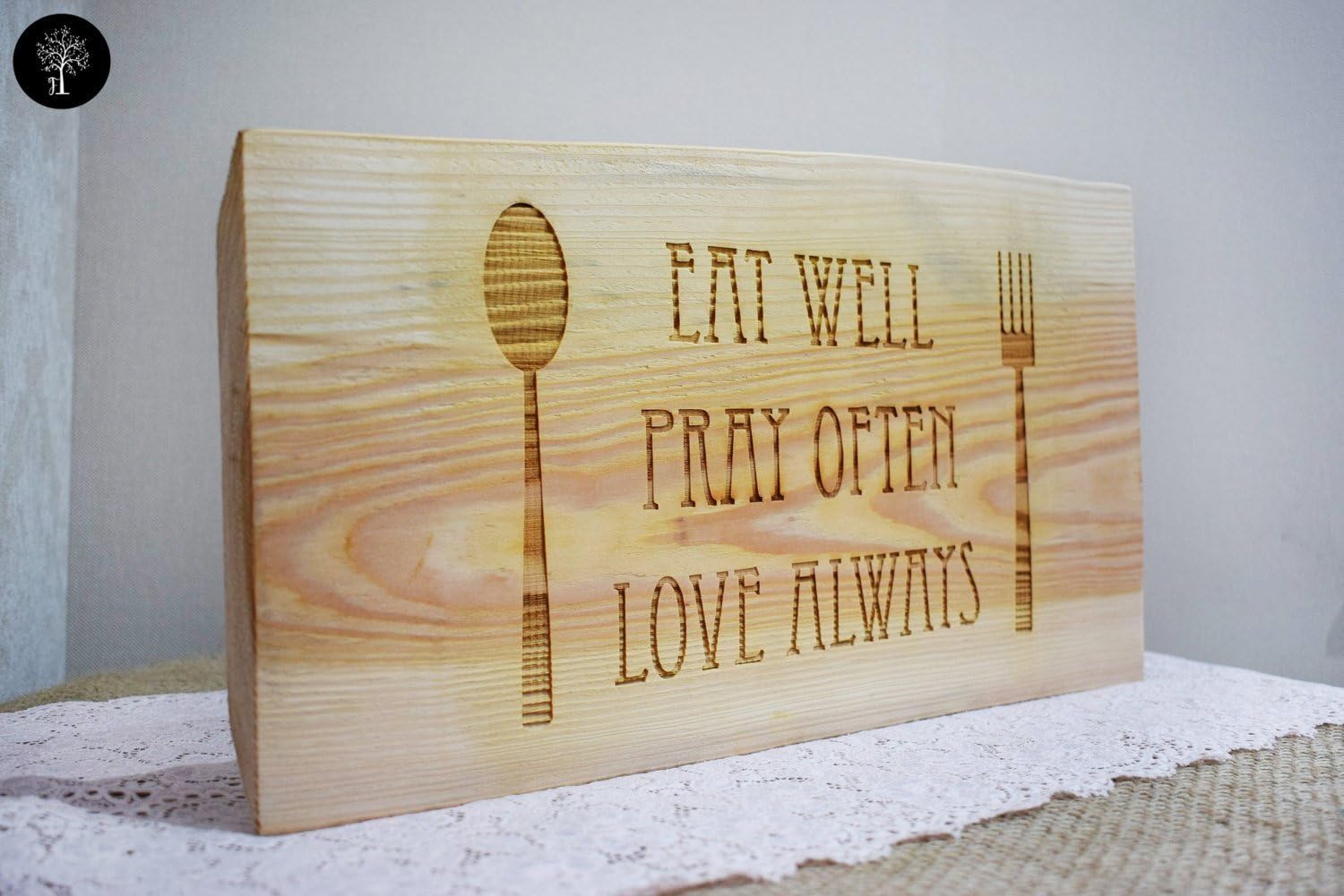 Dining room decor - wooden kitchen decor sign - rustic pine wood - eat pray love sign - laser engraved gift idea - Eco friendly