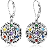 Mandala Chakra Earrings for Women Sterling Silver Yoga Lotus Flower Dangle Drop Earrings Flower of Life Protection 7 Chakras Jewelry Gifts