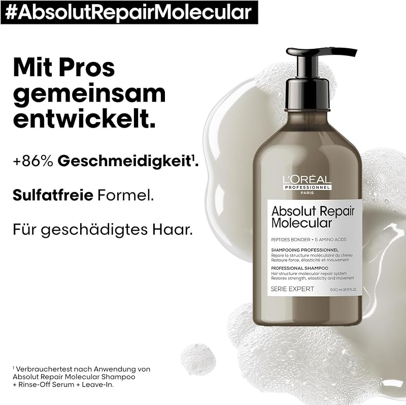 L'Oréal Professionnel Shampoo für strukturgeschädigtes Haar, Zur molekularen Tiefenreparatur, Mit Peptidbondern und 5 Aminosäuren, Serie Expert, Absolut Repair Molecular Shampoo, 500 ml