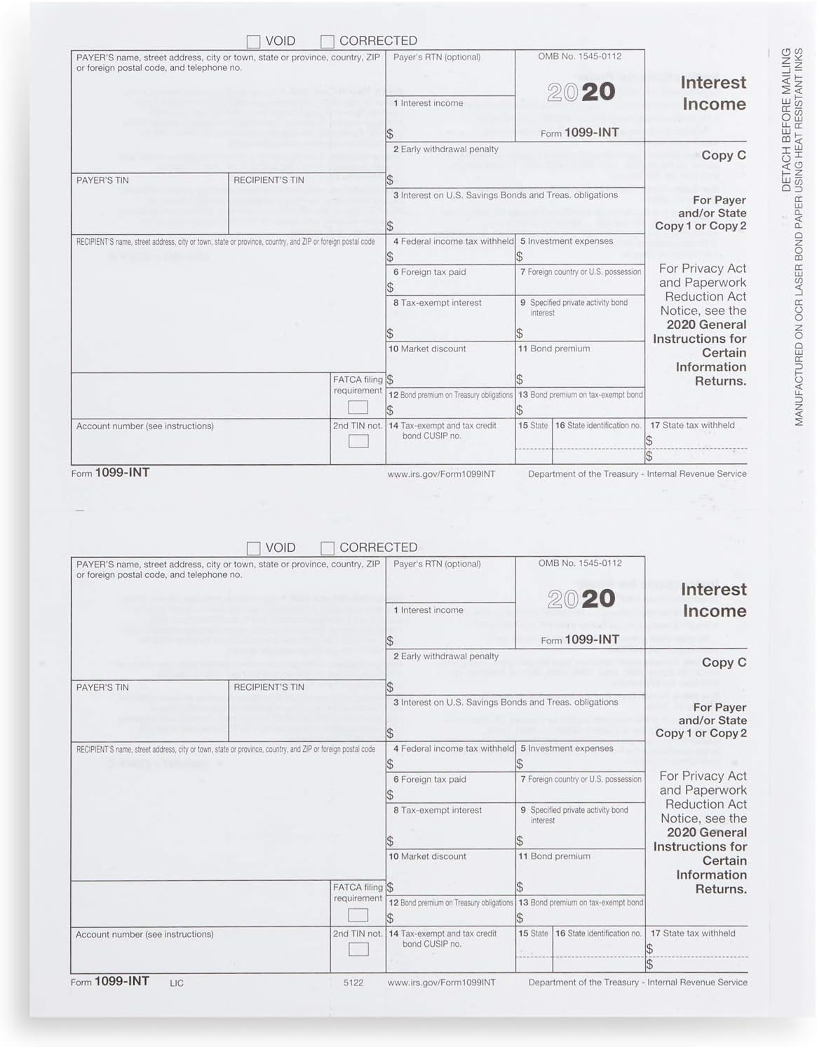 2020 1099 INT 4 Part Interest Tax Forms, 25 Laser Form Sets for Interest Income, Compatible with QuickBooks and Accounting Software, 25 Pack : Office Products