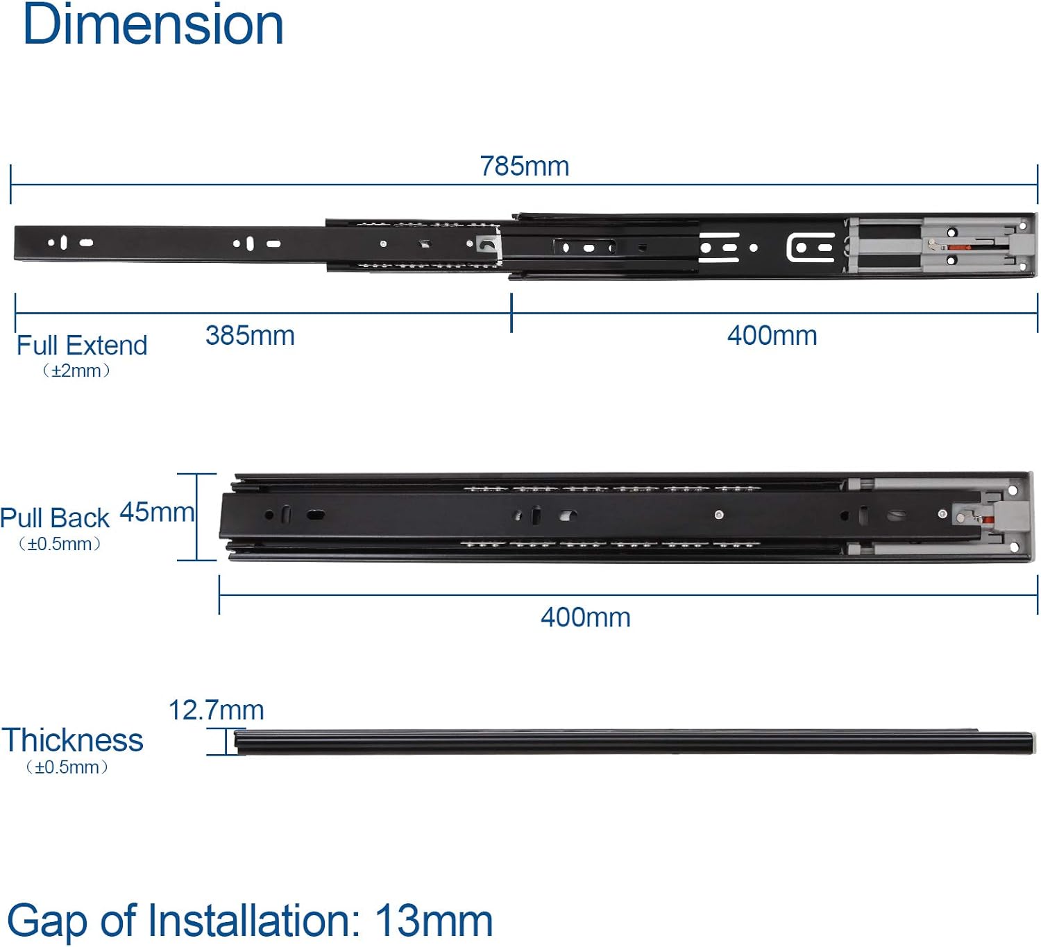 AHUNTTER 3 Pair Push to Open Drawer Runner 400mm Ball Bearing 3Fold