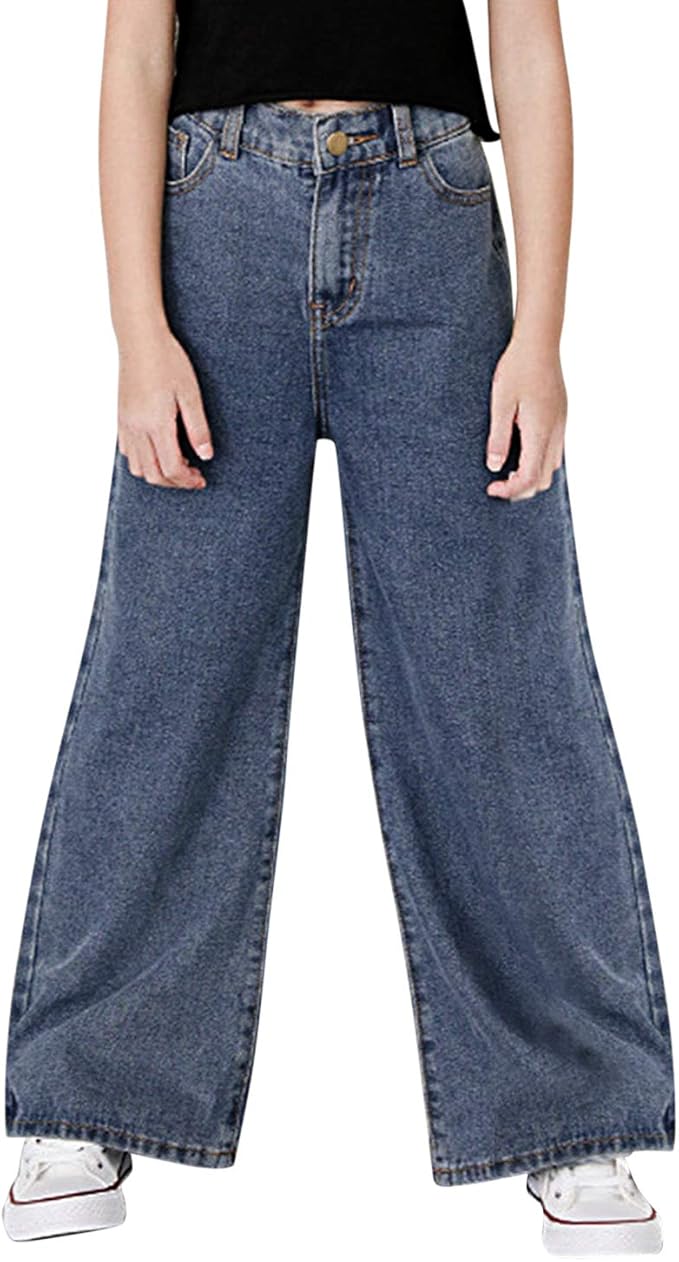De feuilles Kids Girls Wide Leg Loose Fit Jeans Bell Bottom Denim Pants