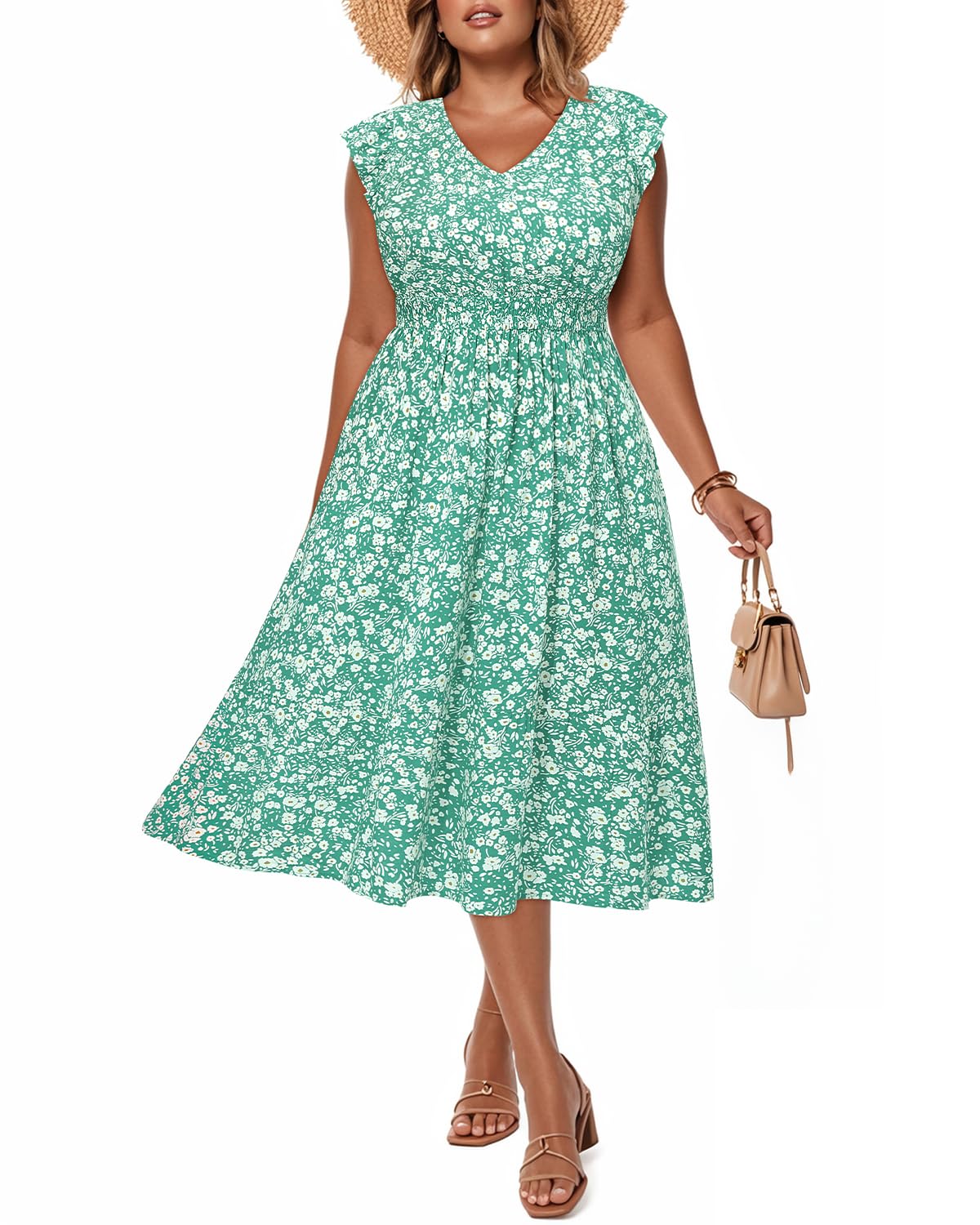 Photo 1 of Women Plus Size Summer Sun Green Floral Casual Easter Spring Midi Dress V Neck Pockets Flowy Boho Sundresses 2025