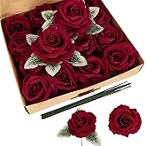 IPOPU 16pcs Red Velvet Roses Artificial Flowers 3.93" Large Fake Rose with Stems Real Touch Silk Flowers Bulk for DIY Wedding Bouquet Home Party Garden Decorations (Red)