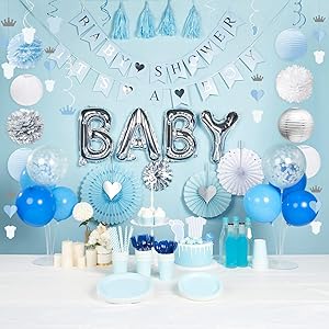 Baby Shower Decorations for Boy, Boy Baby Shower Decor Kit, 59PCS, Including Pre-Strung Banners, Balloons, Sash, Hanging Swirls, Paper Fans, Lanterns, Pom Poms, String Decorations, Tassels