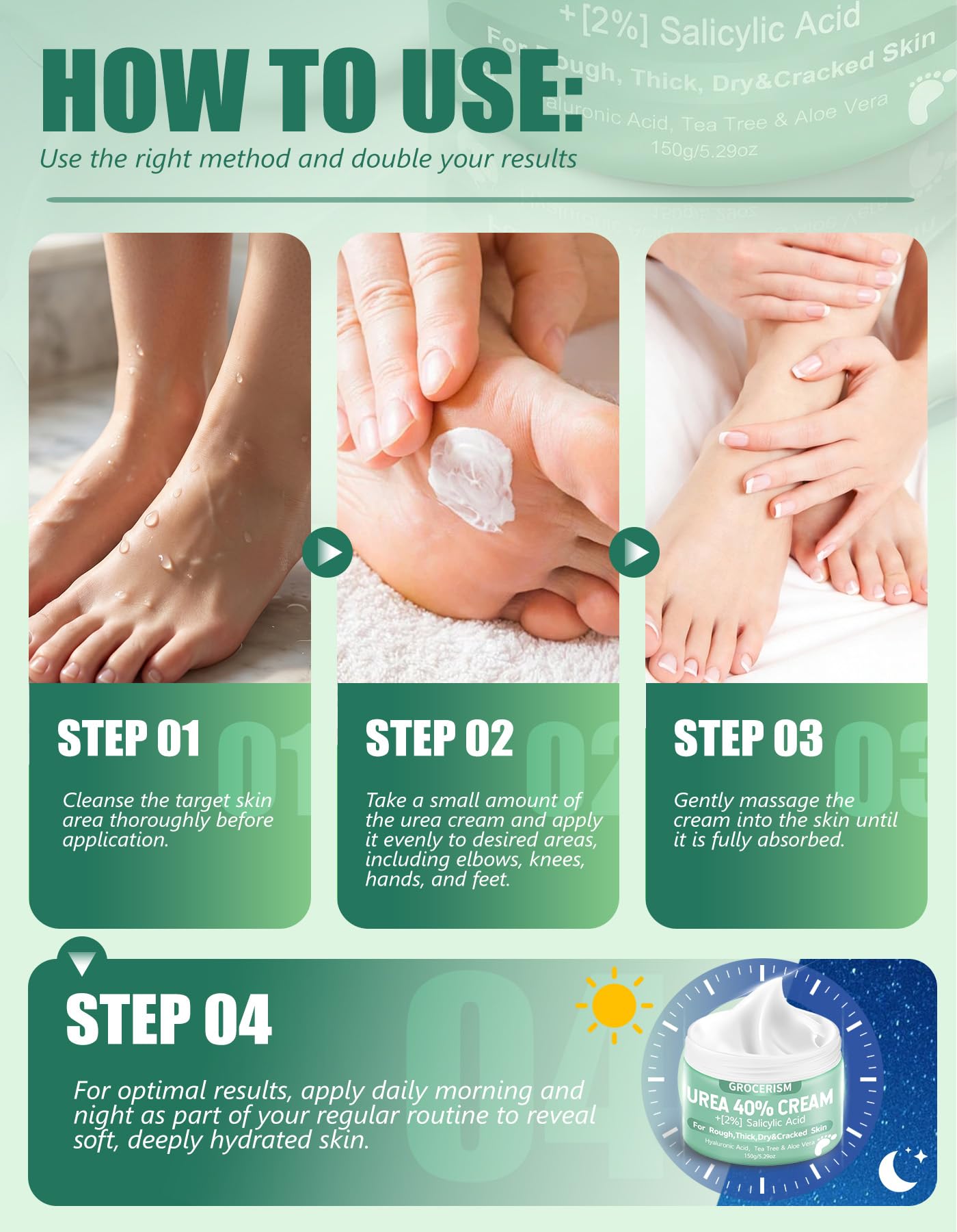 Urea Creme 40 prozent 150 Gramm || Hornhautentferner Fußcreme, Handcreme, Bodylotion mit Hyaluronsäure, Teebaum und Aloe Vera für tiefe Feuchtigkeit, Kallusentferner und Erweichung 7