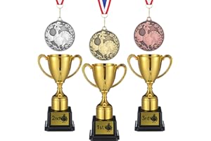 Quelay 6 Pcs Thanksgiving Turkey Medals and Trophies Set Include 2 Inch 3 Pcs Gold Silver Copper Turkey Medals and 7 Inch 3 Gold Plastic Trophies with 3 Sticker for Party Favors Thanksgiving