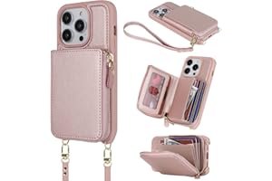 Hamany Crossbody Phone Case for iPhone 14 Pro Max Case with Strap for Women iPhone 14 Pro Max Wallet Case with Card Holder Flip Folio Leather Zipper Cover with Credit Holder-Rose Gold
