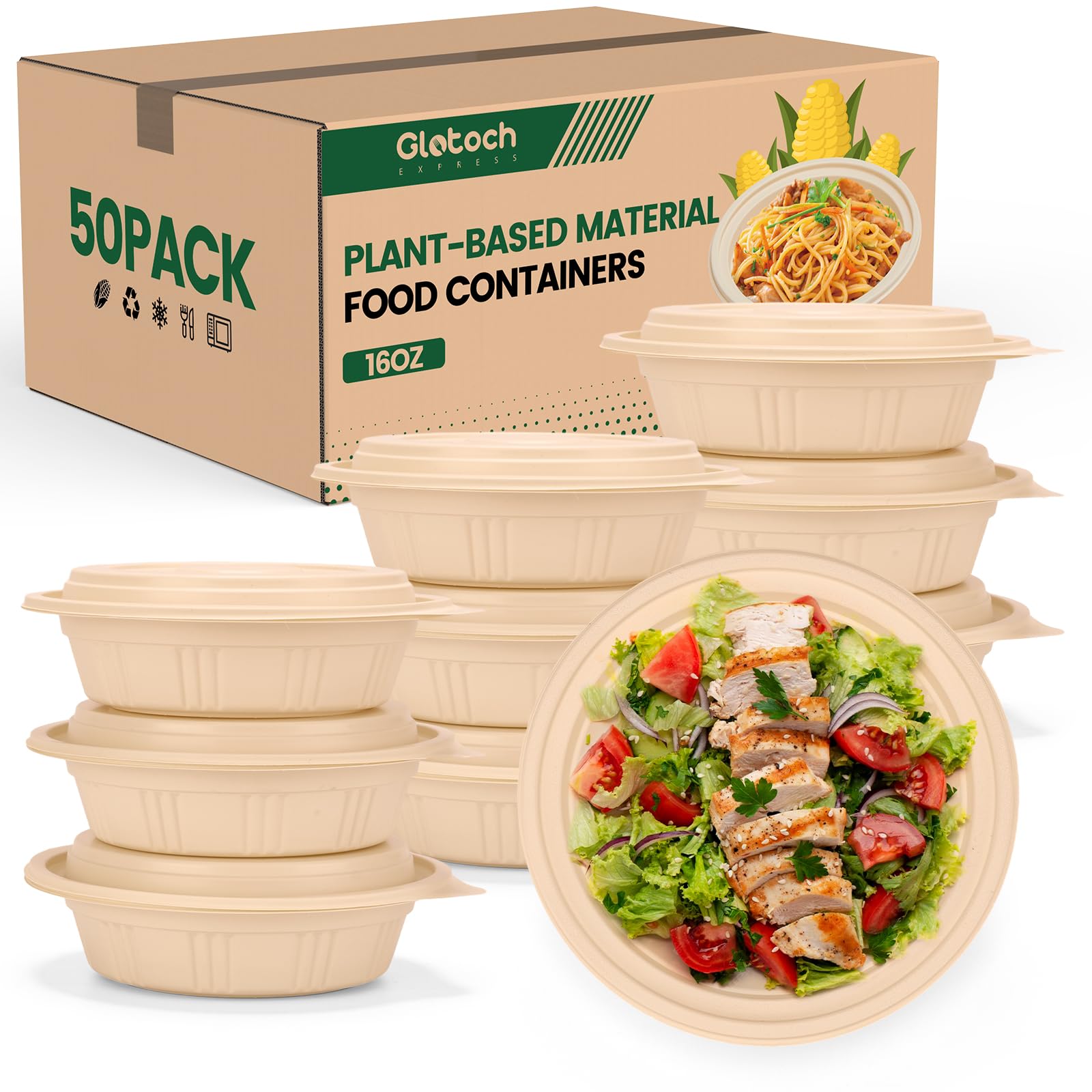 Photo 1 of 100 Piece (50 Pack) Meal Prep Bowl Containers with Lids, Cornstarch Round Food Containers for Lunch Salad Deli Soup, BPA Free Plant-based Take Out Containers Microwave & Freezer Safe, 16 oz