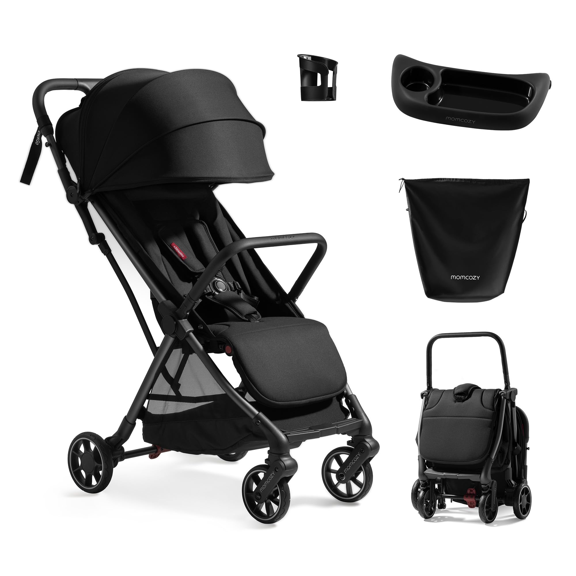 Momcozy ClickGo Buggy klein zusammenklappbar als Flugzeug-Handgepäck, Einhand-Klappmechanismus, mit Liegefunktion, UV-Schutz 50+, XL-Korb bis 3 kg, Geeignet von 0–4 Jahren bis 22 kg, Schwarz