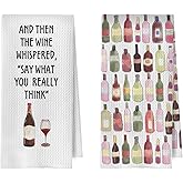 BlissfulAbon Funny Wine Kitchen Towels - Wine Gifts Dish Towels for Kitchen Decor, Bartender Gifts for Women Decorative Waffle Hand Tea Towel, 16x24 Inches Set of 2