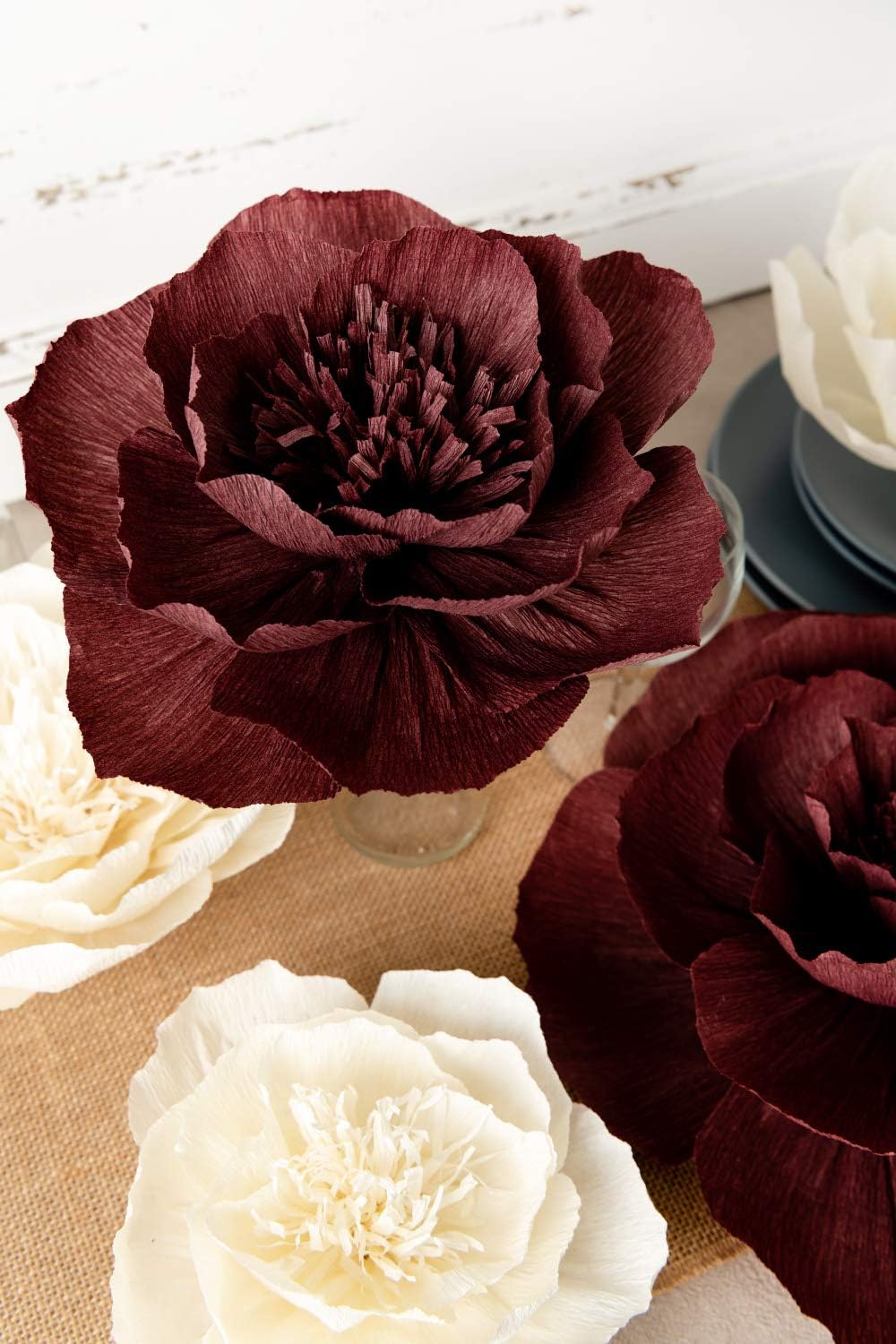 Paper Flower Decorations Giant Paper Flowers Large Crepe Paper Flowers Beige Burgundy Set Of 6 Handcrafted Flowers For Wedding Decor Bridal Shower Baby Shower Nursery Wall Decorations Kitchen Dining Amazon Com