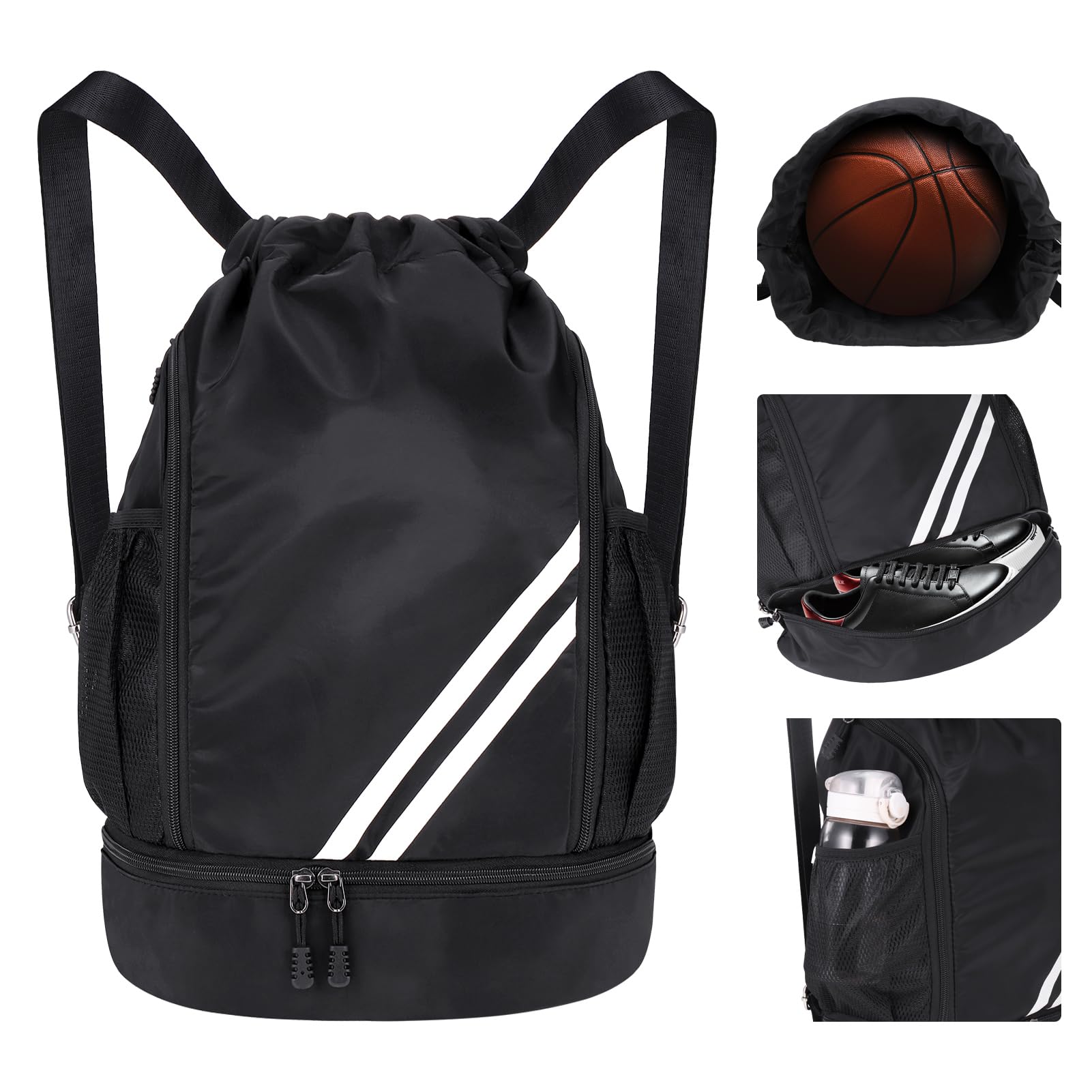Drawstring Gym Backpack, Waterproof Sports Bag with Shoe Compartment, Large Capacity Gym Bag, Black PE Bags, Sorts Backpacks for Men Women, Durable Drawstring Backpack for Football, Swimming, Holiday