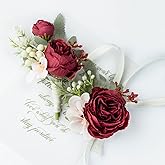 YSOJMAN Wrist Corsage Wristlet and Boutonniere Set for Wedding Bridesmaid Mother Grandmother for Bridal Shower Wedding Artificial Roses Flower Prom Set of 2 (Burgundy)