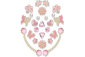 ACWENIE 24pcs Plastic Bling Shoe Charms Set –Pearl, Butterfly, Flower & Chain Decorations for Clogs & Sandals – Cute Accessories for Women & Girls Gift