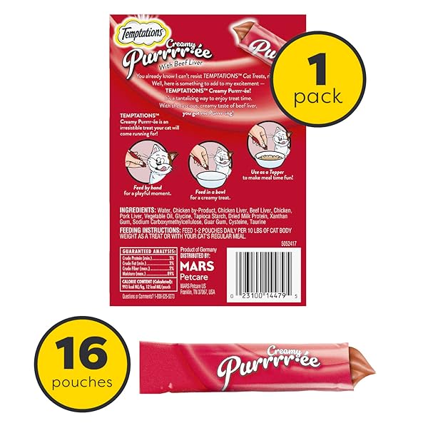 TEMPTATIONS CREAMY PUREE SQUEEZABLE LICKABLE CAT TREATS, WET CAT TREATS WITH BEEF LIVER, 0.42 OZ. TUBES, 16 COUNT