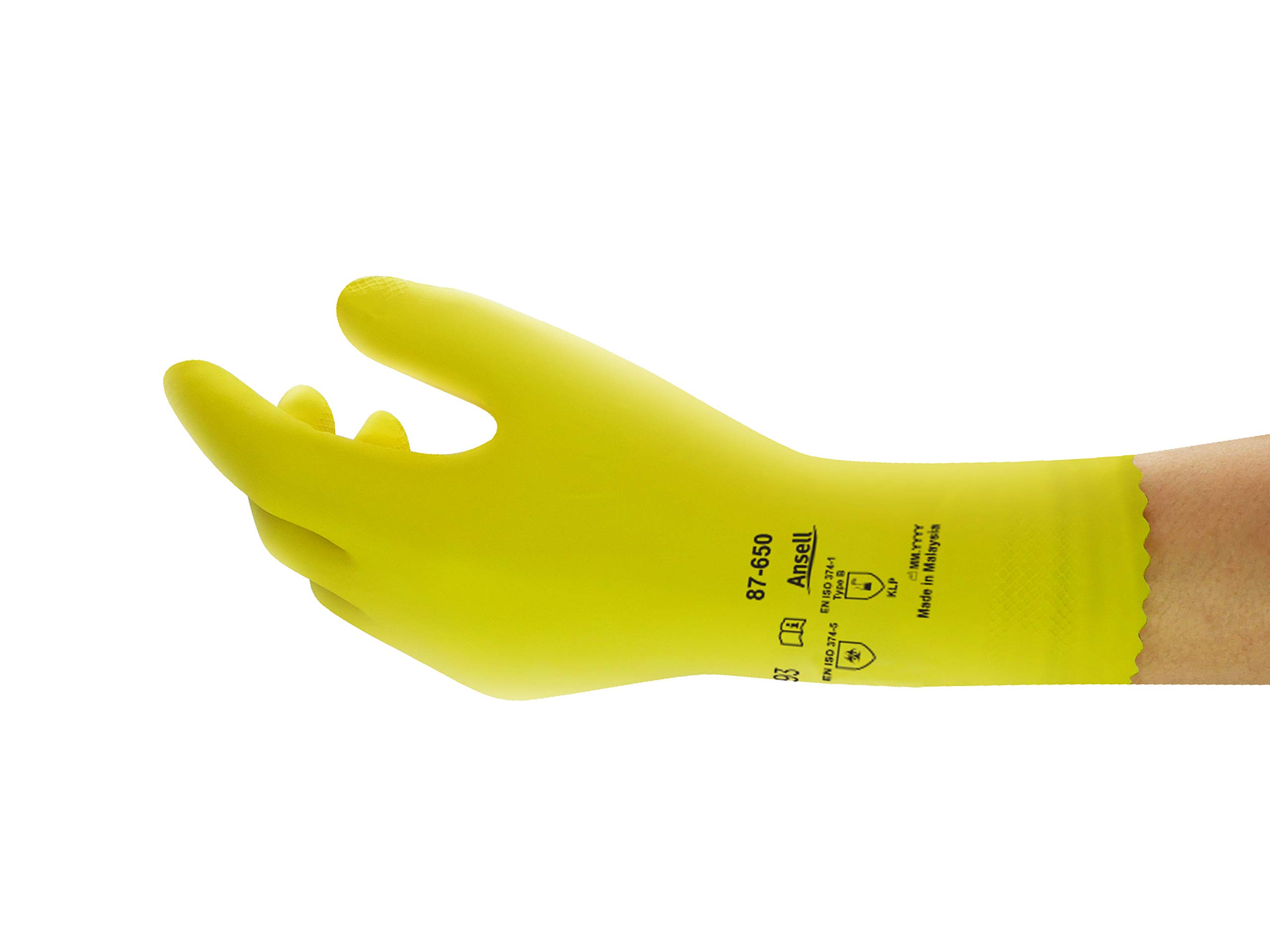 Ansell AlphaTec 87-650 Chemical Protection Gloves in Latex, Yellow, Size 8.5-9 (12 Pairs)