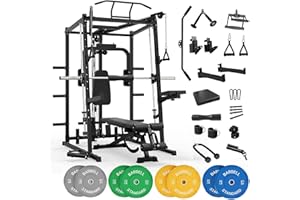 Mikolo All-in-One Smith Machine Home Gym with 230lbs Weight Plates, Power Cage with Cable Crossover, LAT Pulldown, Squat Rack & Adjustable Weight Bench