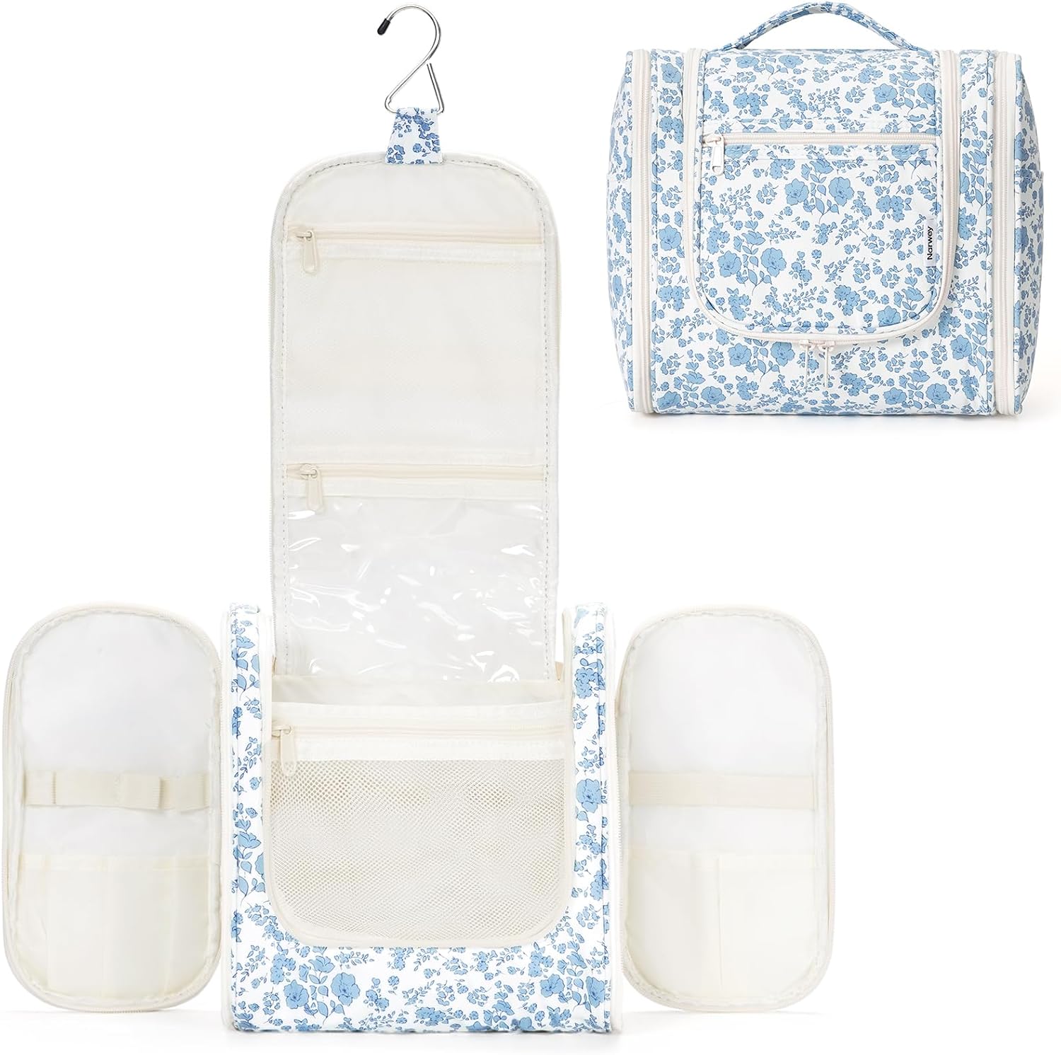 Narwey Hanging Toiletry Bag for Women Travel Makeup Bag Organizer Toiletries Bag for Cosmetics Essentials Accessories (Large, Little Blue Flower)