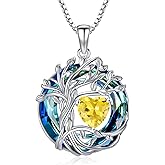TOUPOP Tree of Life Birthstone Necklace 925 Sterling Silver Pendant Austrian Crystal Jewelry Anniversary Valentine's Day Birthday Gifts for Women Mom Her Wife