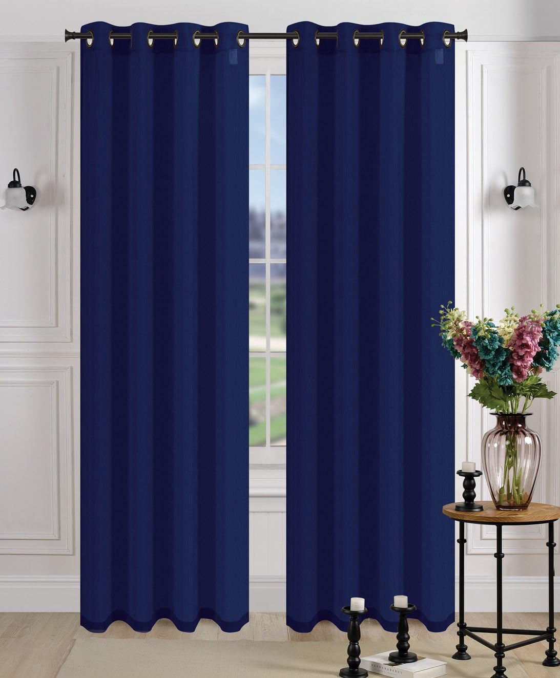 2 PCS NAVY BLUE SILK VOILE SHEER PANEL WINDOW CURTAIN 8