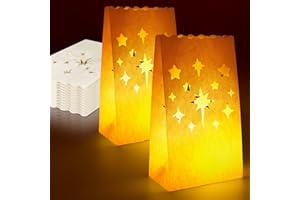 RANSLEN 50 Pieces White Luminary Bags, Fireworks and Stars Cutout Flame Resistant Luminaries, Candle Bags Paper Lanterns for Christmas, Halloween, Wedding, Thanksgiving, New Year, Valentine's Day Party Decor