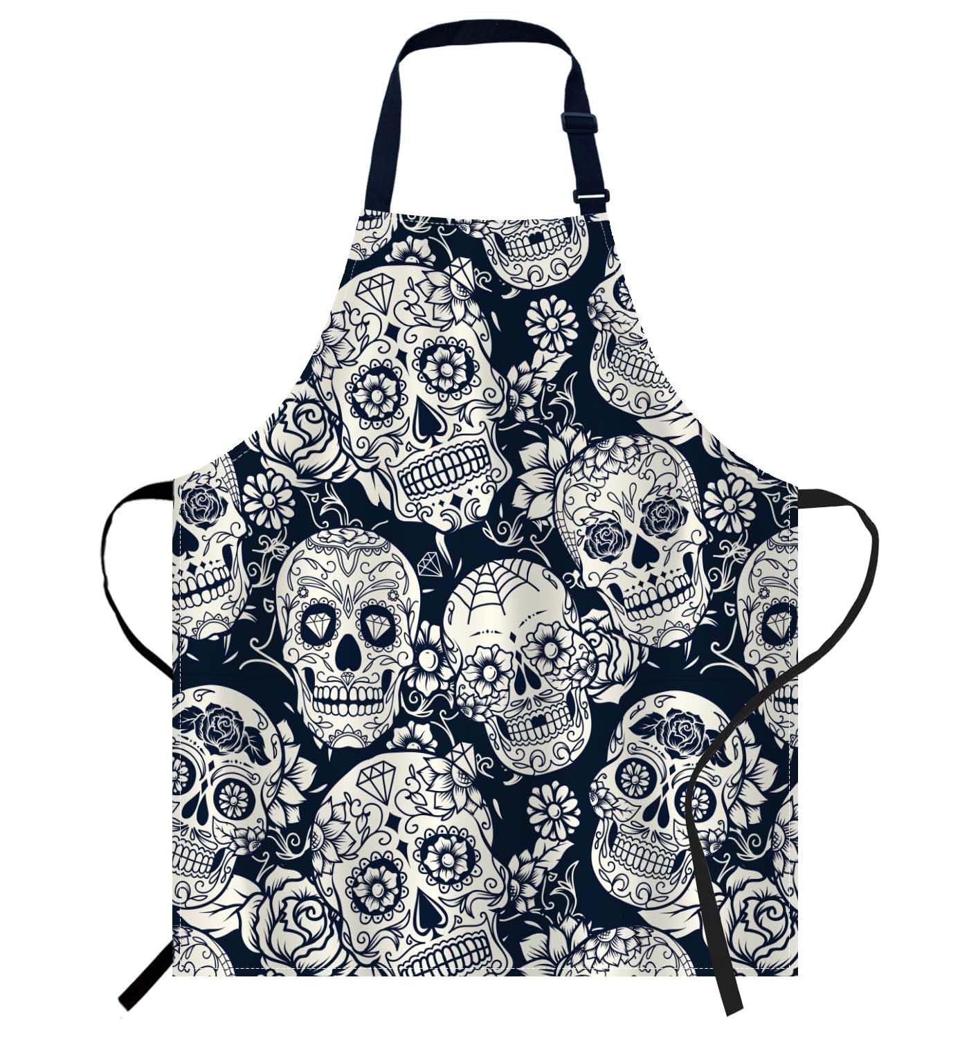 Smooffly Sugar Skull Bib Apron, Unisex Adjustable Chef Apron for Home, Kitchen, Restaurant, Coffee House