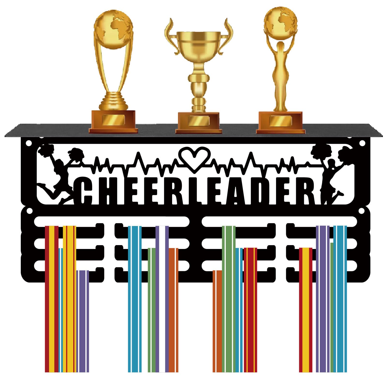 CREATCABIN Cheerleader Medal Holder Trophy Shelf Medal Hangers Display with Shelf Stand Small Sports 4 Rows Wall Mount Hold 70+ Medals for Women Soccer Running Swimming Awards Rack 11.4 x 5.1 Inch