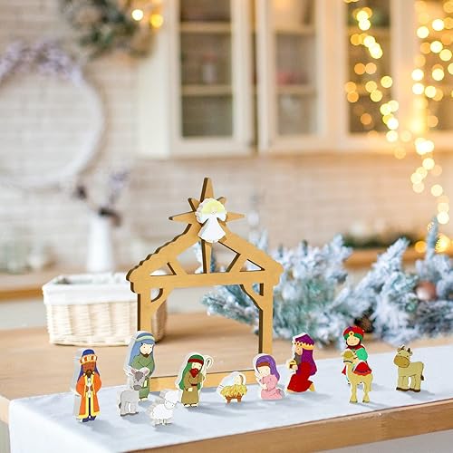 Queekay 13 Pcs Christmas Nativity Scene Wooden Set for Kids Mini