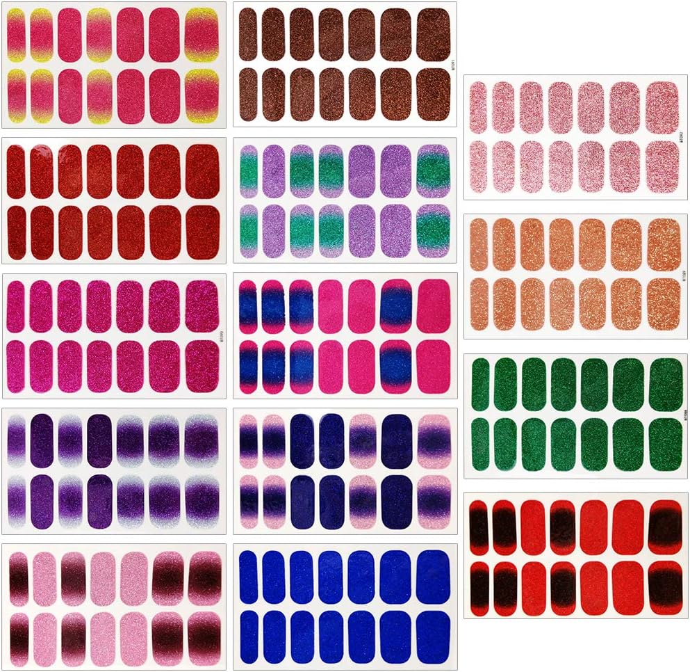 14 Sheets Glitter Nail Wraps Full Nail Art Polish Stickers,Self-Adhesive Nail Art Decals Strips Manicure Kits Nail Art Designs