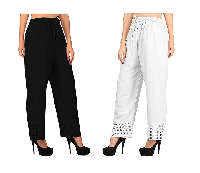 Women's Cotton Palazzo Designer Plain Casual Wear Palazzo for Women/Girl Combo Cotton Palazzo Color-Black_White