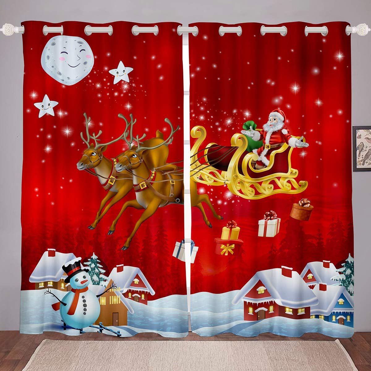Christmas Curtains for Bedroom Living Room Santa Claus Deer Snowman Printed Curtains for Kids Boys Girls Xmas Windows Drapes Festival Decor Room Decoration,W46*L72