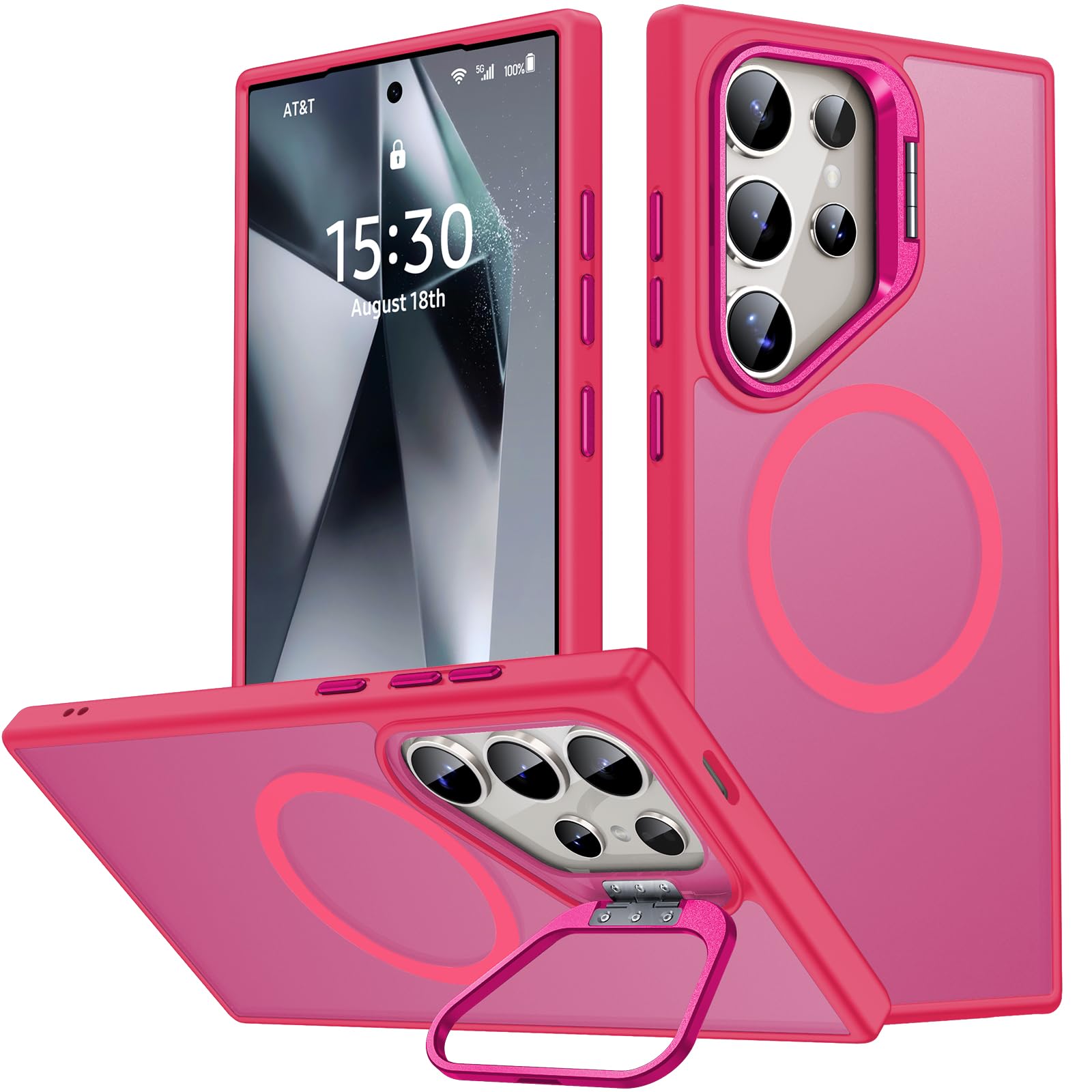 JAME for Samsung Galaxy S24 Ultra Case, Slim S24 Ultra Case with Stand, [Compatible with MagSafe], Built-in Camera Stand Translucent Matte Phone Case for S24 Ultra, Stand Hot Pink