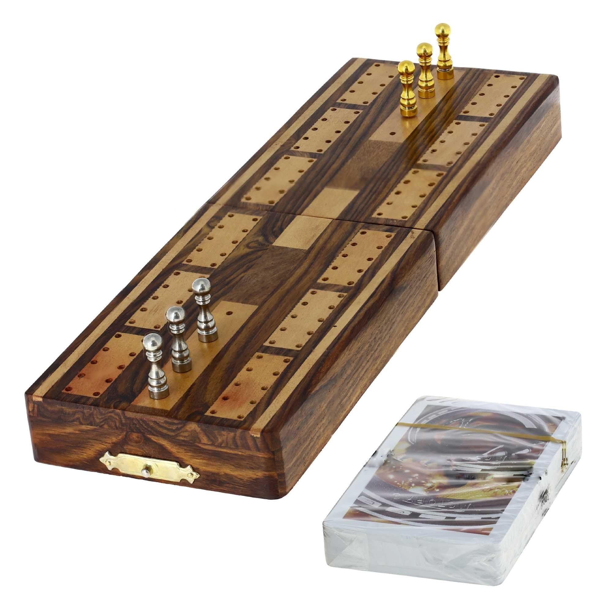 Ajuny Traditonal Wooden Cribbage Board Game with Metal Pegs and Playing Cards with Storage Area Tabletop Fun Travel Family Night Game Gifts