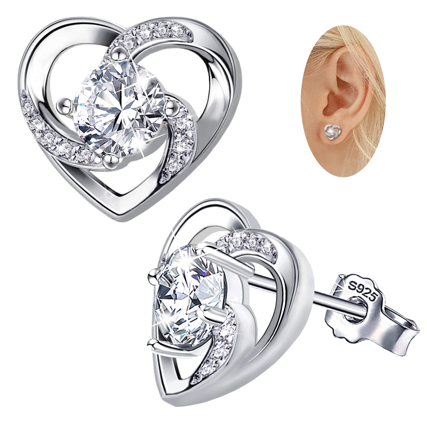 Cubic Zirconia Heart Stud Earrings - Sterling Silver Hypoallergenic CZ Heart Earrings for Women Girls