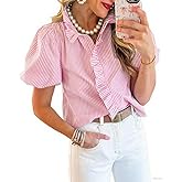 Pinclodly Womens Button Down Shirt Stand Collar Ruffle Top Striped Long Sleeve Shirts Work Tops for Women Trendy