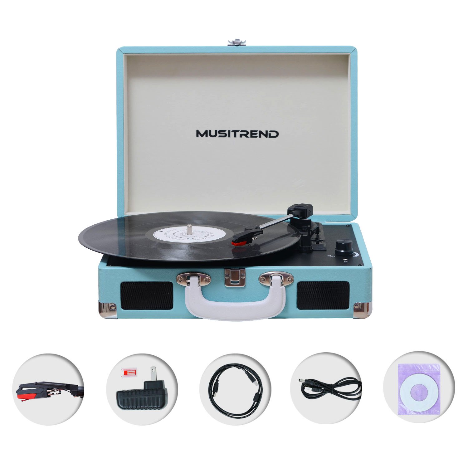 Musitrend Record Player Vinyl Turntable with Speakers, 3 Speed Suitcase Record Player Support Vinyl-to-MP3 Recording, Headphone Jack, Aux Input/RCA line Out (Blue)