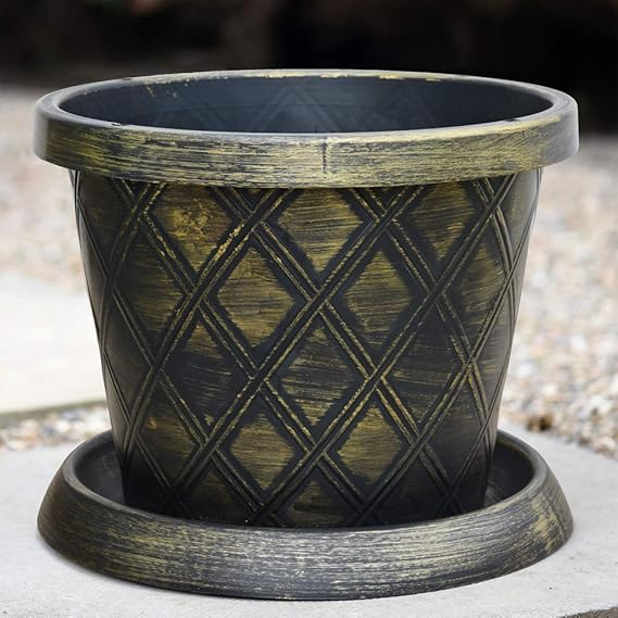 Large Patio Pot & Saucer Stunning black and gold lattice effect Ideal