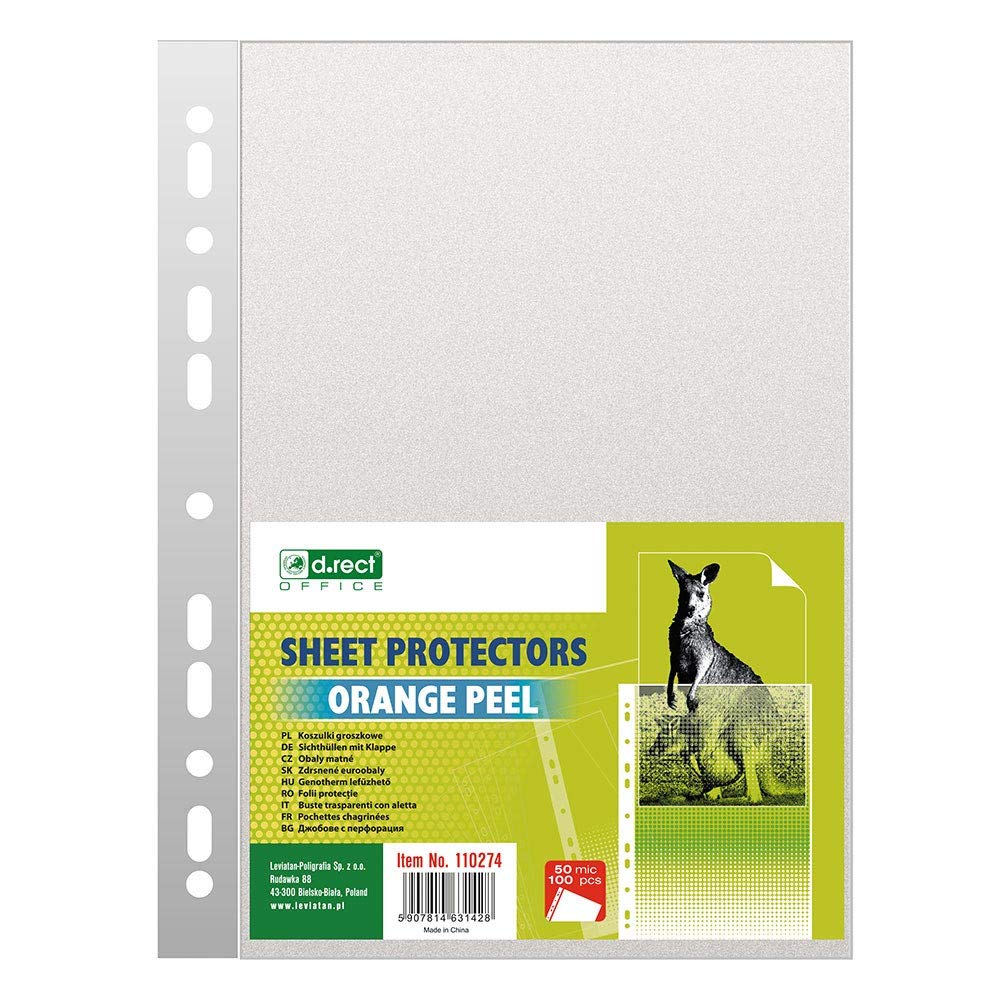 D.RECT A4 Punched Pockets 50 Micron - Polly Pocket Package of 100 Units - Clear Perforated Plastic Wallets - Grained Polypropylene, Quality Punched