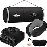urnexttour Travel Pillow and Blanket Set Neck Pillows Travel Essentials with Sleep Mask for Airplane Car Memory Foam Black